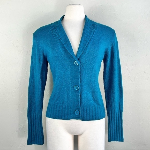 Vintage Teal Turquoise Wool Blend Button Down V neck Long Sleeve Cardigan - Picture 1 of 15
